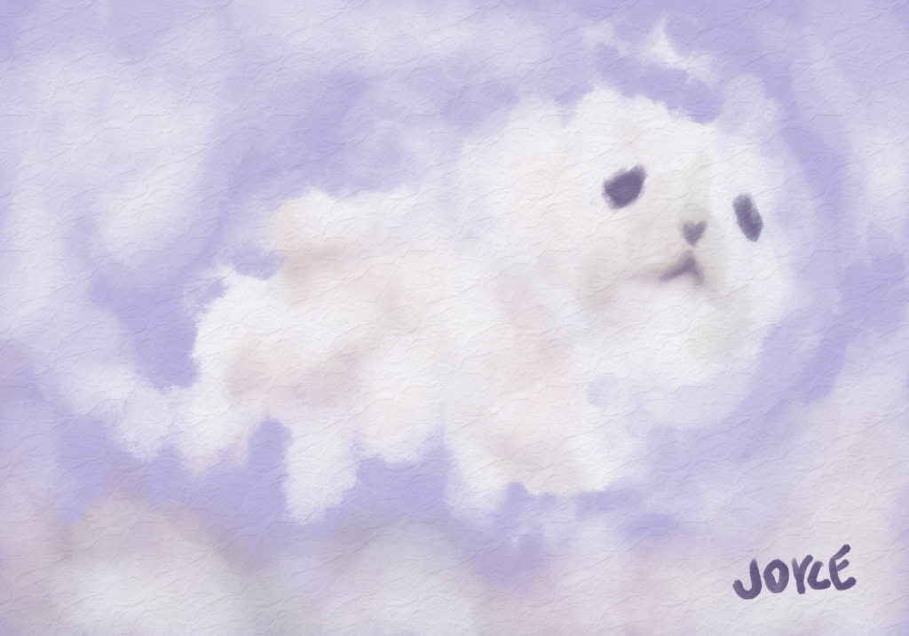A digital painting of a fluffy white cloud floating in a pastel purple sky with pink highlights. It has purple concerned looking eyes, a heart shaped nose, and a dog or cat-like mouth, as if it was a worried puppy cloud.
Joyce is written in the lower right corner.